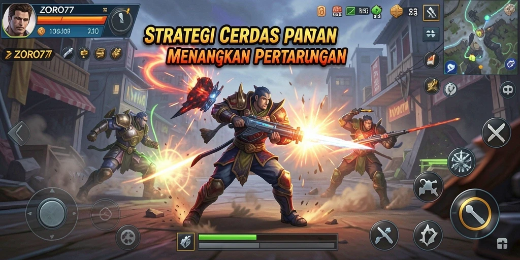 Screenshot utama ZORO77 menampilkan aksi pertempuran strategis.